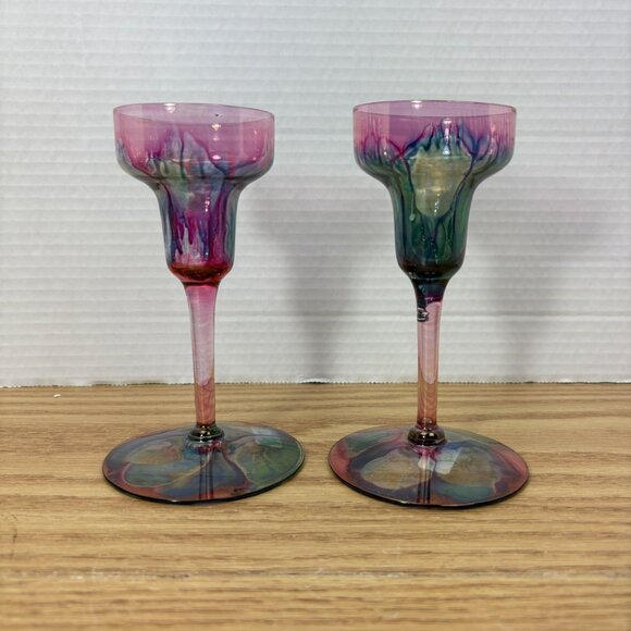 Pair Vintage Deco Art Designs Canada Handcrafted Multi Colour Glass Goblets - Picture 2 of 10